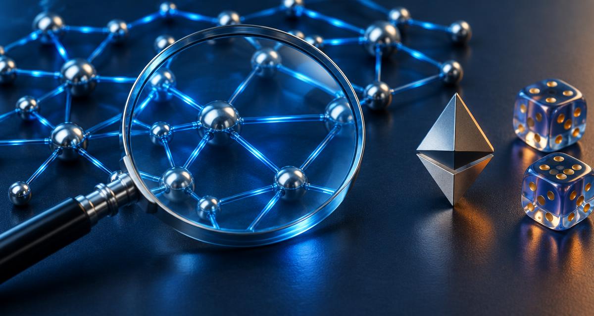 Conceptual editorial artwork of a magnifying glass over connected blockchain nodes beside a crypto token and dice, not a Dappscope screenshot