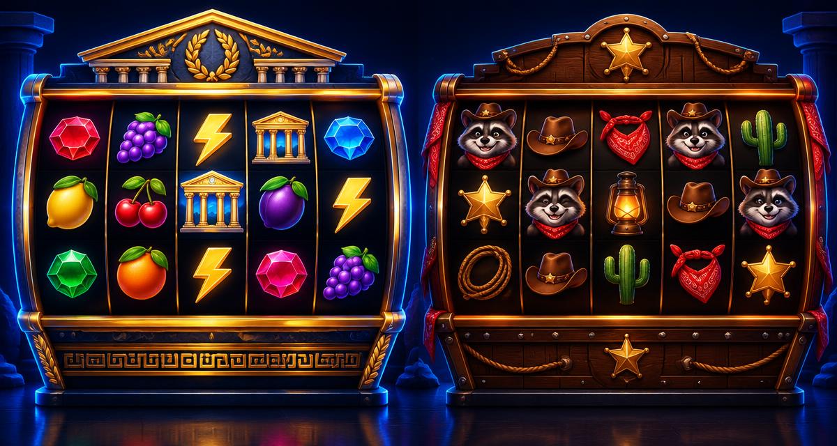 Illustrated slot reels contrasting fruit and lightning symbols with western and raccoon themes